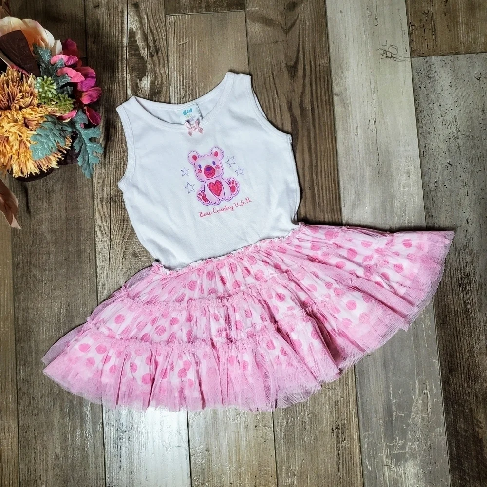Kid U Not Pink and White Polka Dot Shimmery Sleeveless Tutu Dress Size 5/6 EUC